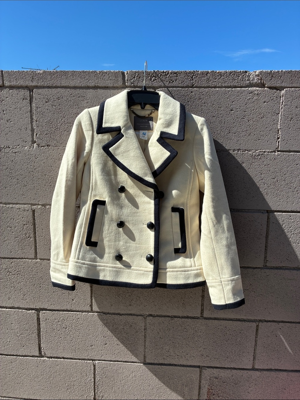 J. Crew Cream Double-Breasted Peacoat with Black Trim